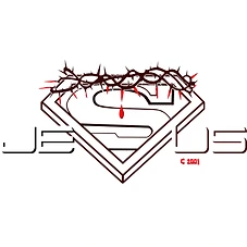 Crown of thorns over a diamond JESUS logo with a single drop of blood