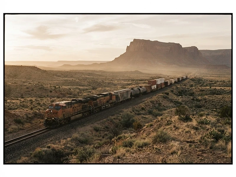 A lone train crossing the New Mexico desert at dawn