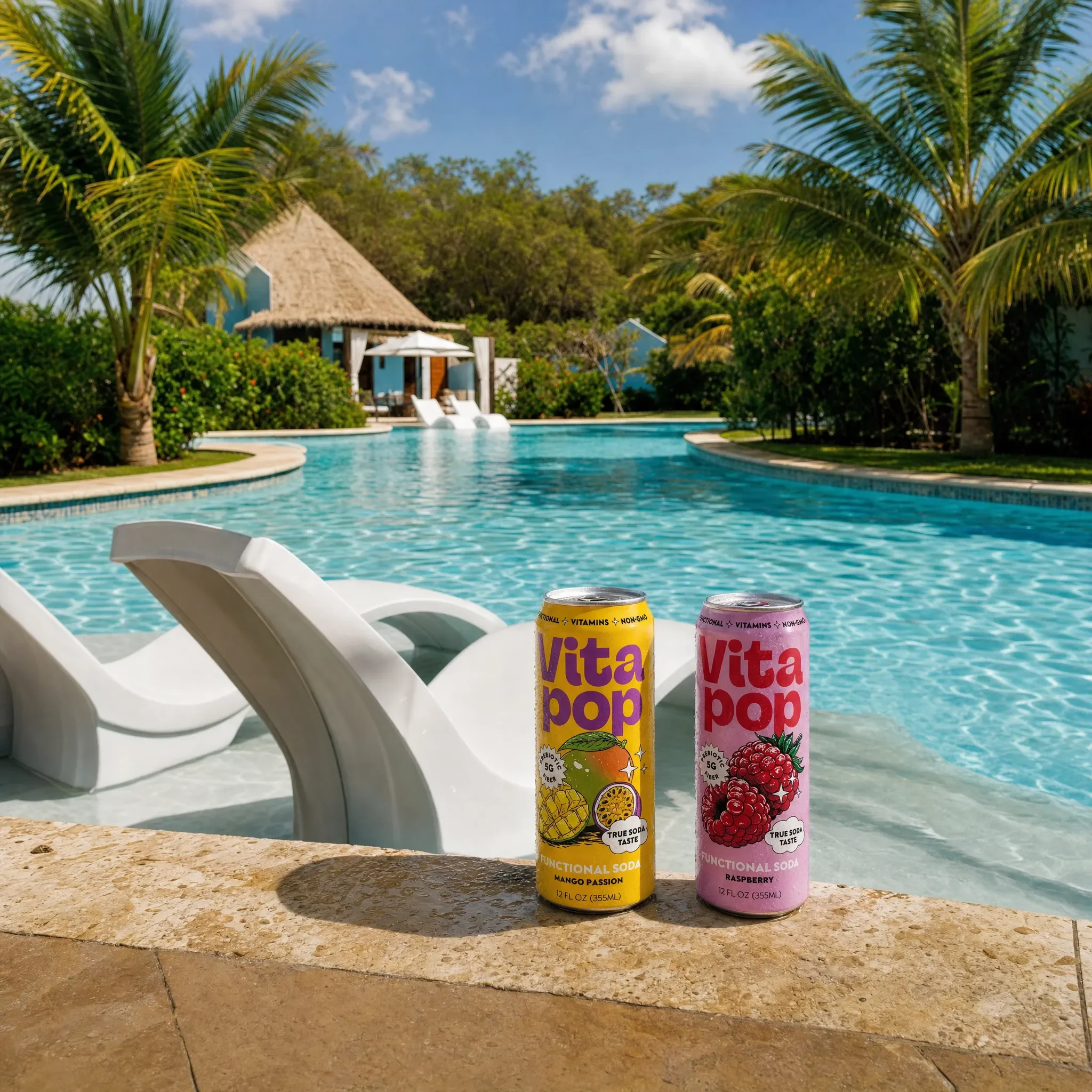 Tropical beach resort in Jamaica with a pickleball paddle and Vita Pop soda