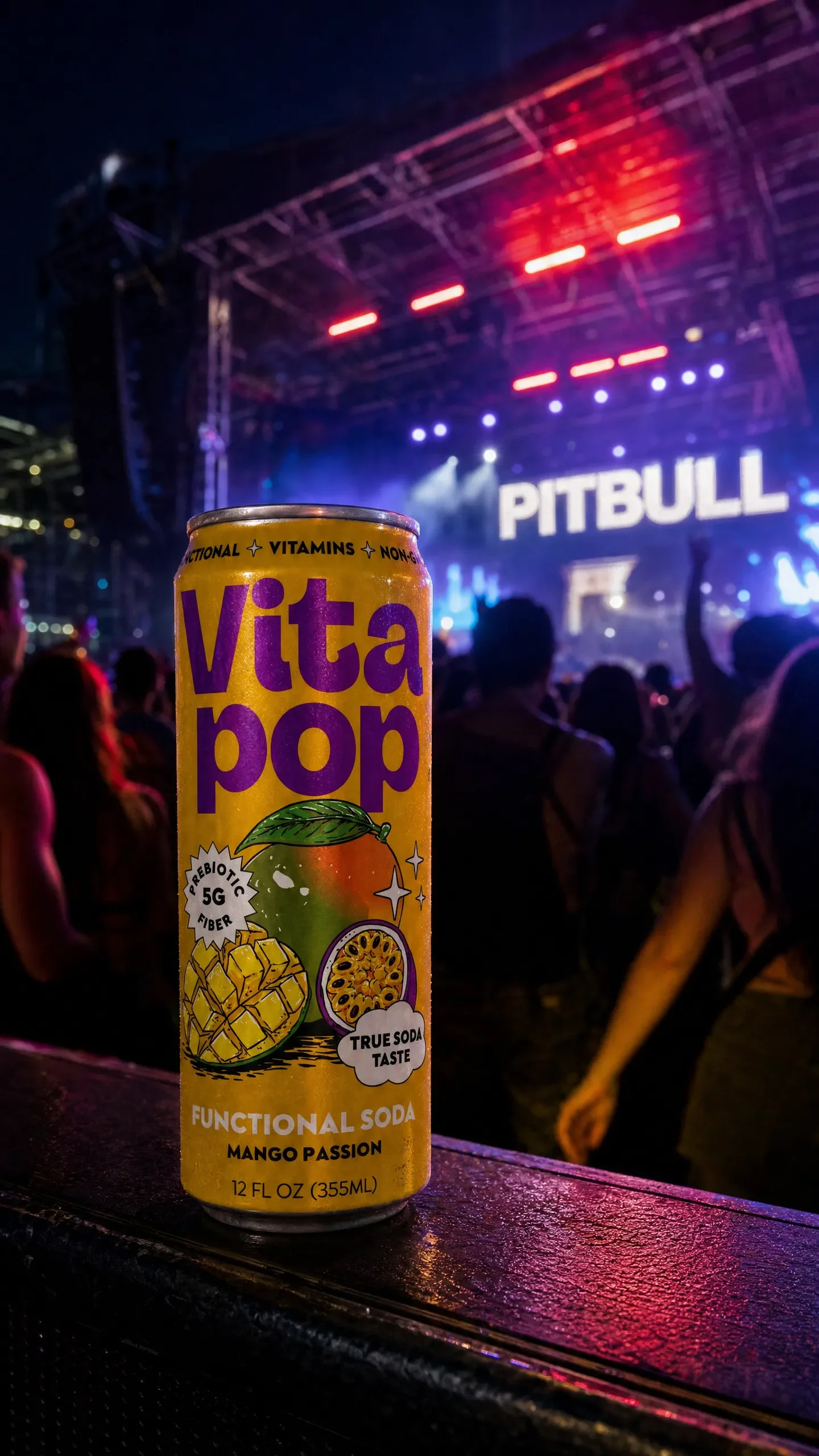 Vita Pop Mango Passion can in front of the Pitbull concert stage