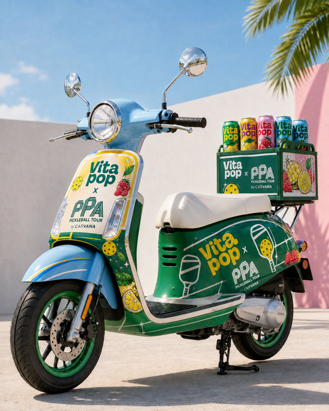 Custom Vita Pop branded scooter with a crate of Vita Pop cans