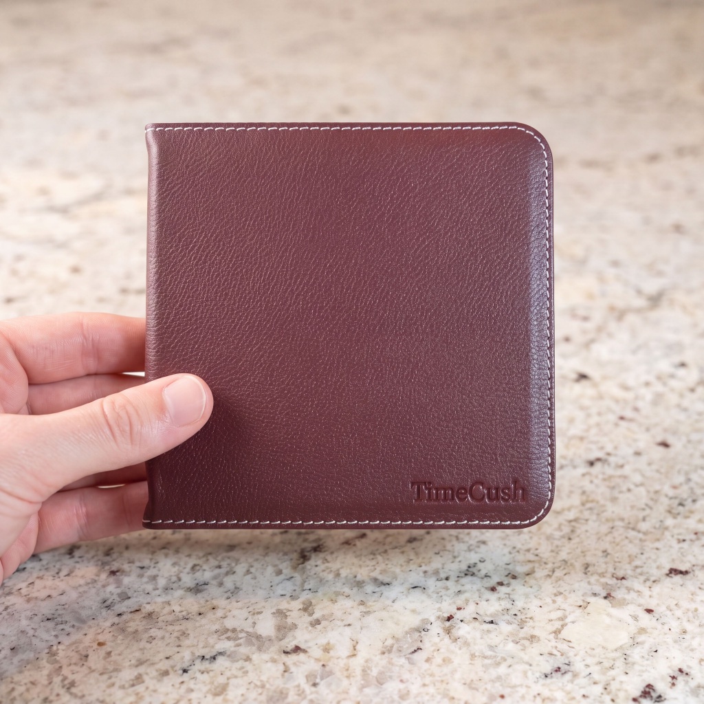 TimeCush held in hand, highlighting the leather grain and stitching.