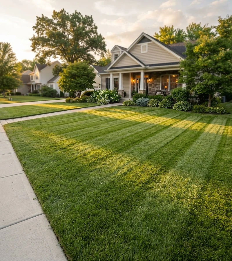 Freshly mowed suburban lawn with crisp diagonal mowing stripes at golden hour