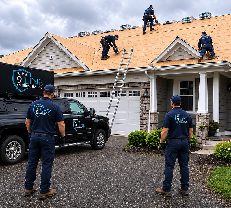 9Line Enterprises crew arriving at a home for construction and restoration services