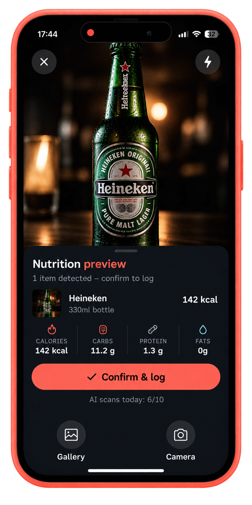 CalDrop nutrition preview sheet showing detected Heineken calories and macros with a Confirm and log button