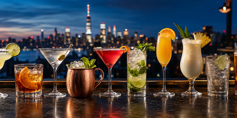 A lineup of popular American cocktails on a bar top, including a margarita, martini, mojito, mimosa and piña colada