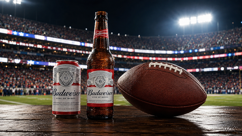 Budweiser beer and American football inside a stadium on game day.