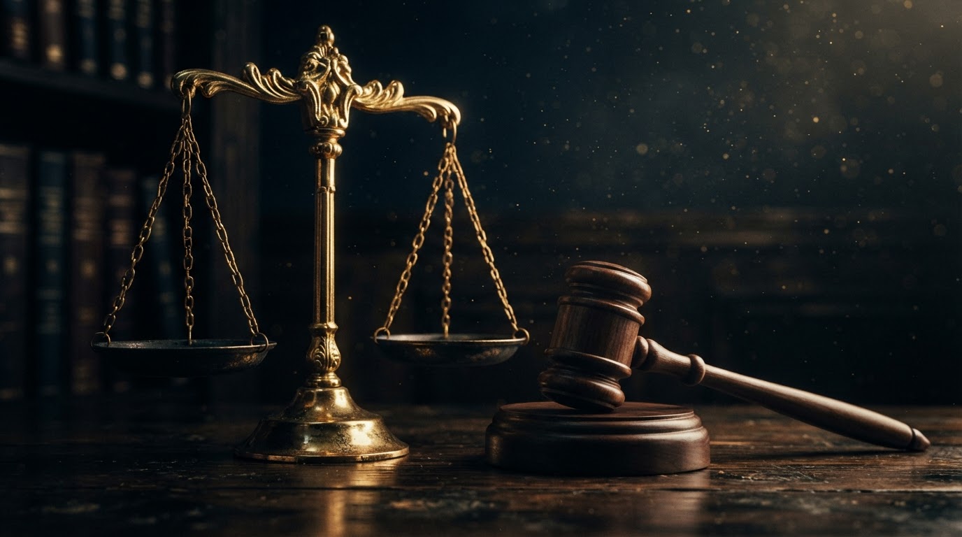 Balança da justiça e martelo em penumbra dourada