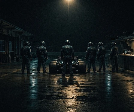 A pit crew standing ready around a race car under floodlights at night