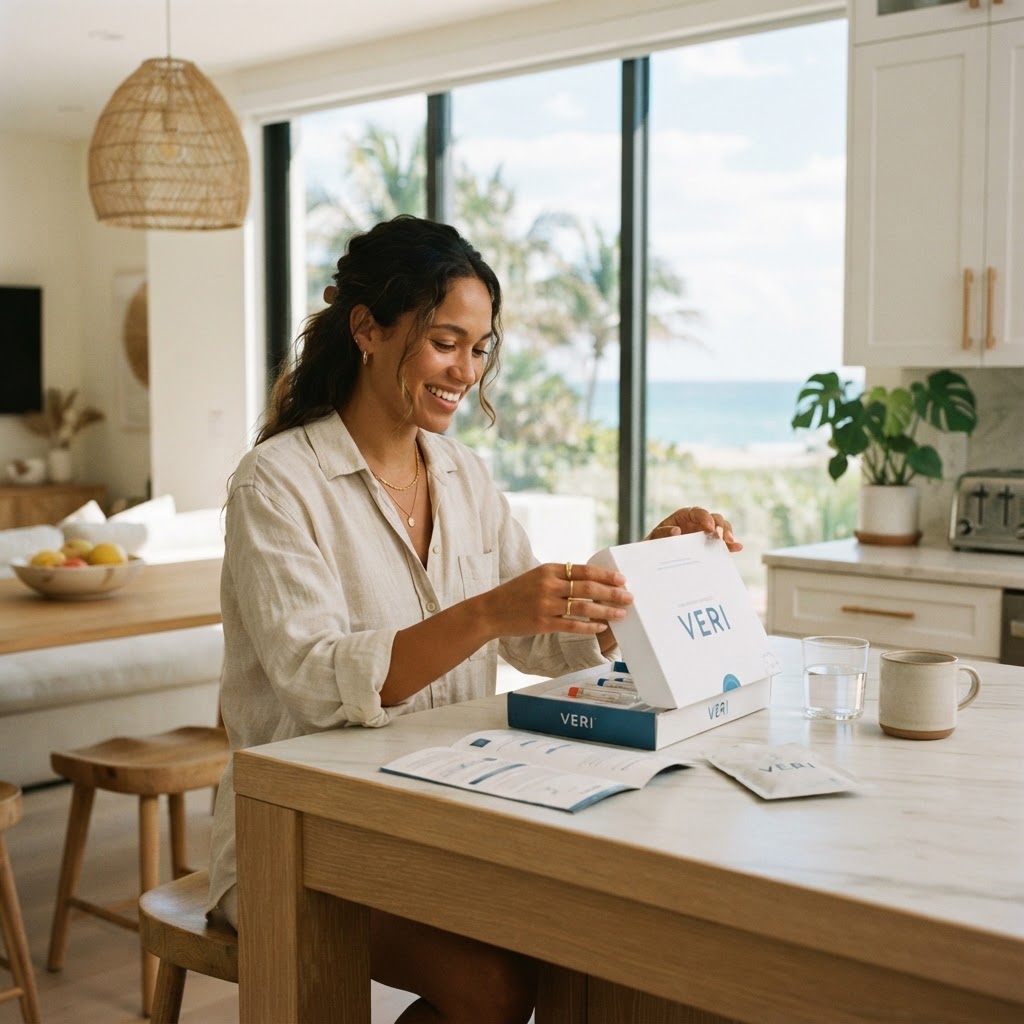 Woman opening ConciergeRX kit in her kitchen