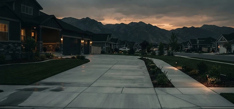 Finished concrete driveway and walkway in a Utah suburb at dusk