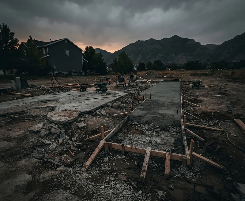 Half-finished concrete job site at dusk