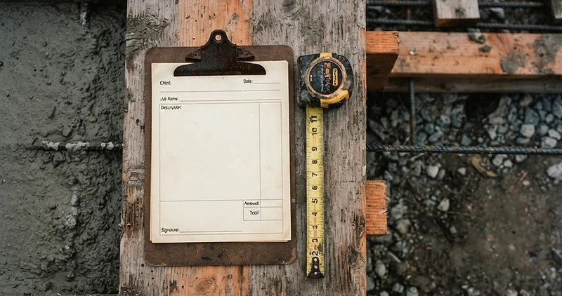 Clipboard quote and tape measure on a concrete form