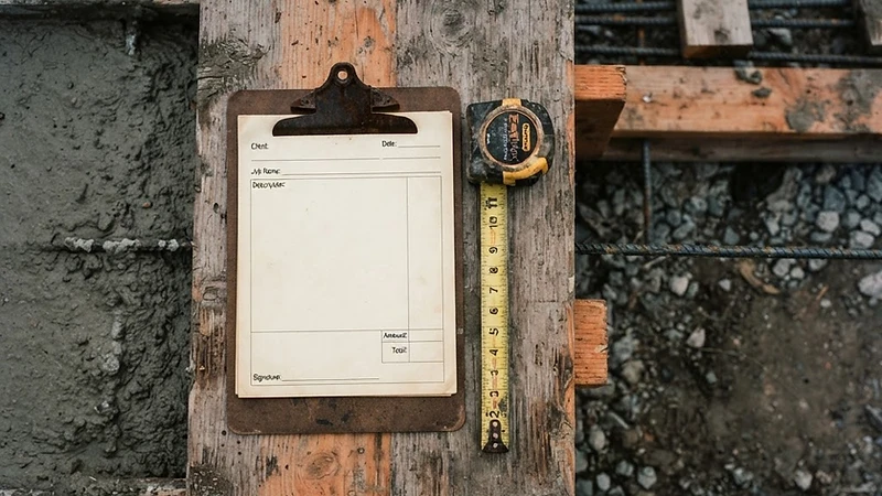 Clipboard quote and tape measure on a concrete form