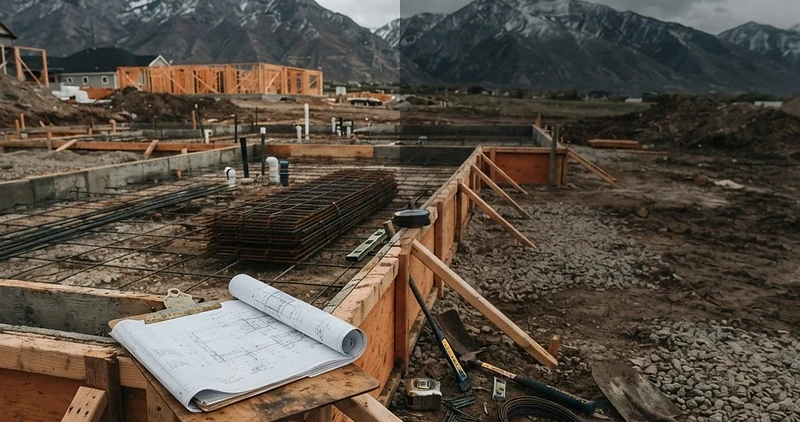 Concrete job site with formwork, rebar, and plans