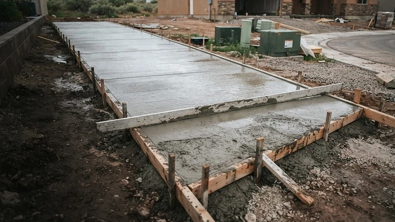 Fresh driveway slab mid-screed with formwork