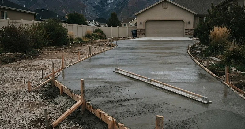 Concrete driveway pour in progress in Utah