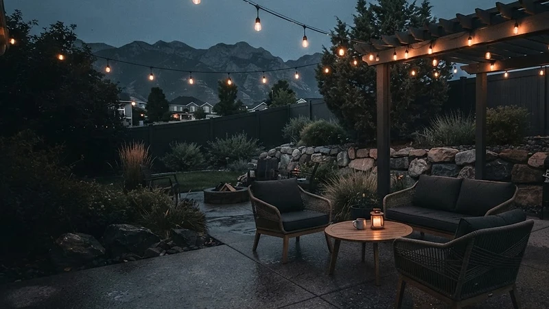 Finished concrete backyard patio at dusk with string lights