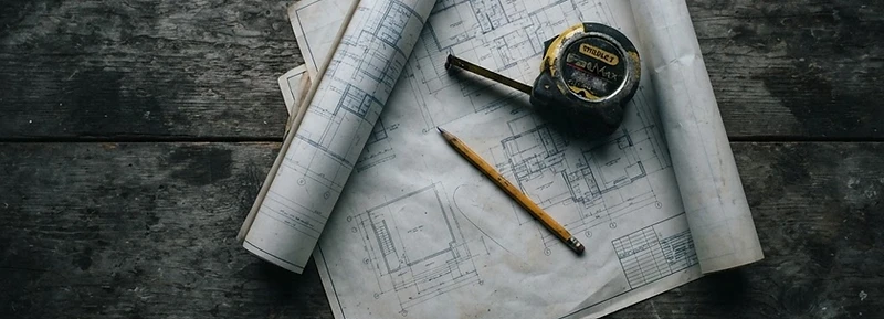 Construction blueprints and tools on a wooden table