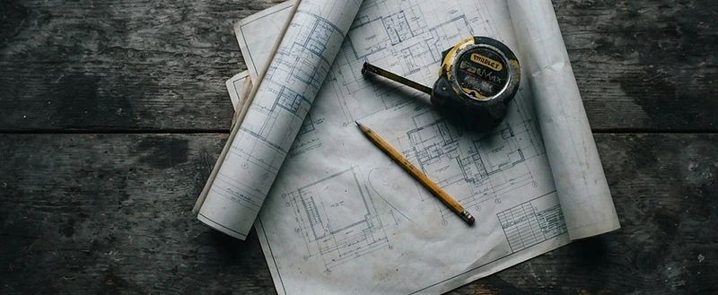 Construction blueprints and tools on a wooden table