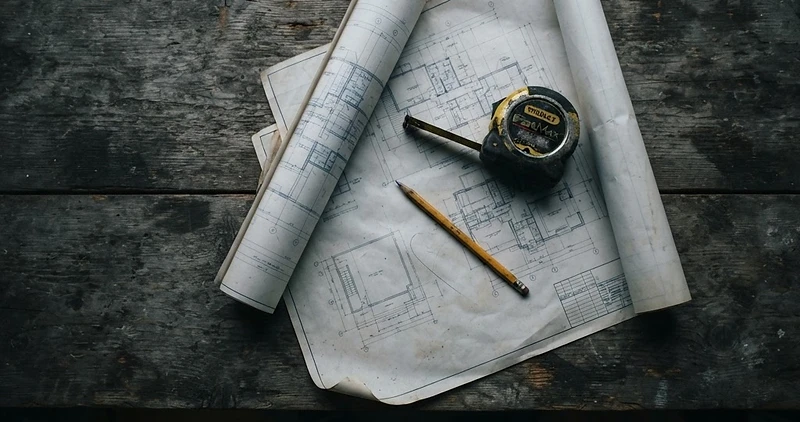 Construction blueprints and tools on a wooden table