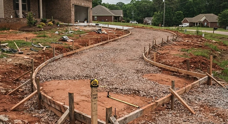Formed driveway on compacted stone base over red clay