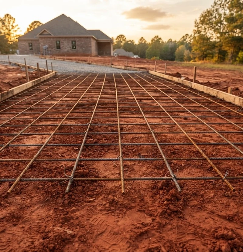 Steel rebar grid tied over compacted red clay before a concrete pour