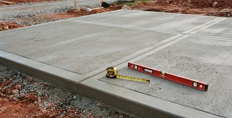 Control joints on a new concrete slab with a level and tape measure