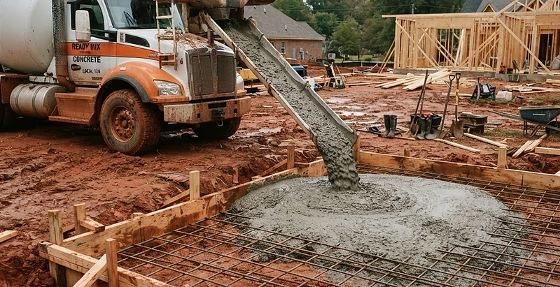 Fresh concrete poured over a rebar grid at a West Alabama job site