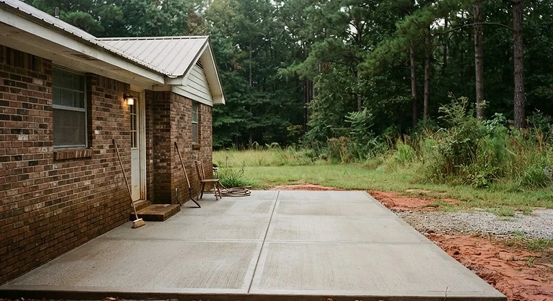 Finished broom-finish concrete patio beside an Alabama home