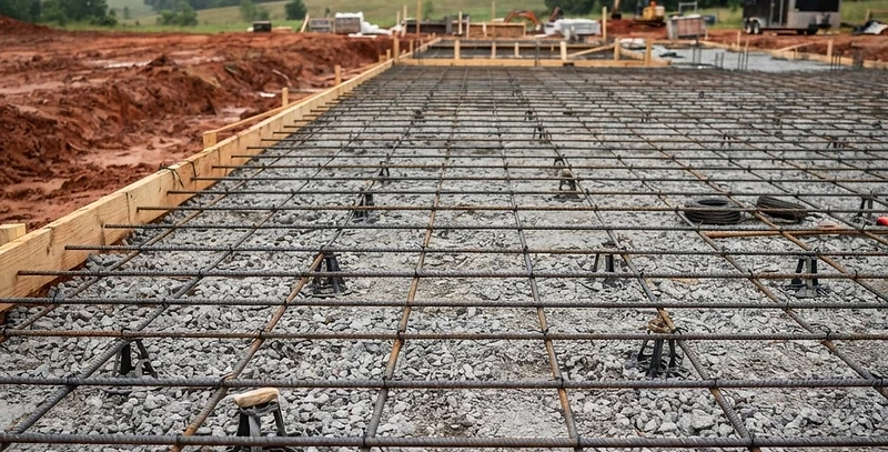 Rebar grid tied on chairs over compacted base