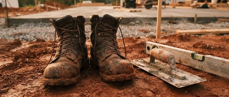 Work boots and tools on red clay at a worksite