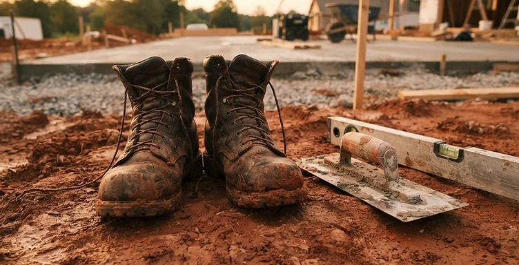 Work boots and finishing tools on red clay at a worksite