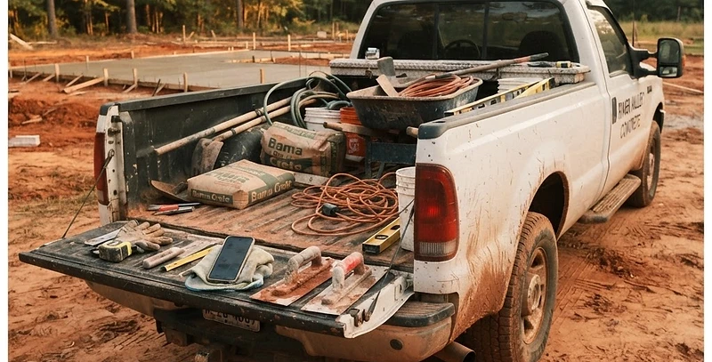 Concrete tools on a truck tailgate at a rural Alabama job site