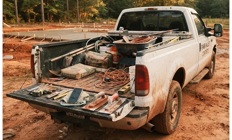 Concrete tools on a truck tailgate at a rural Alabama job site