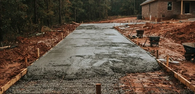 Concrete driveway pour in progress over compacted base on Alabama red clay