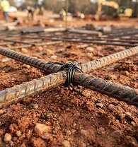 Macro shot of a wire-tied rebar intersection over red clay