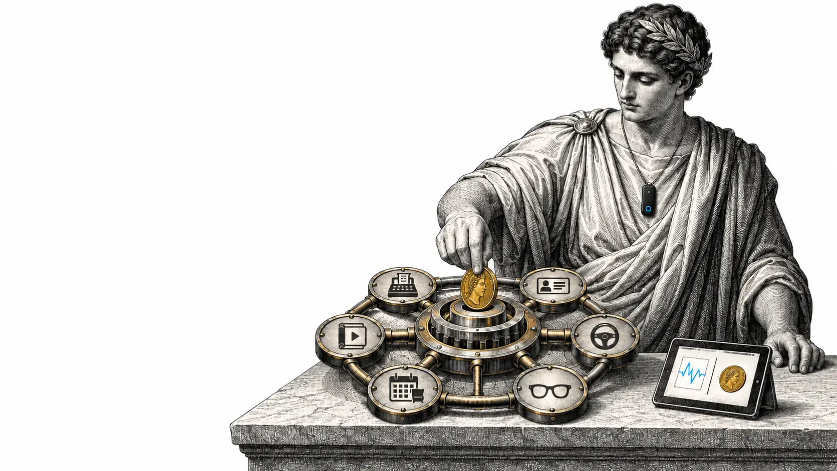 Neoclassical illustration of a robed figure placing a coin into a central hub connected to six system nodes.