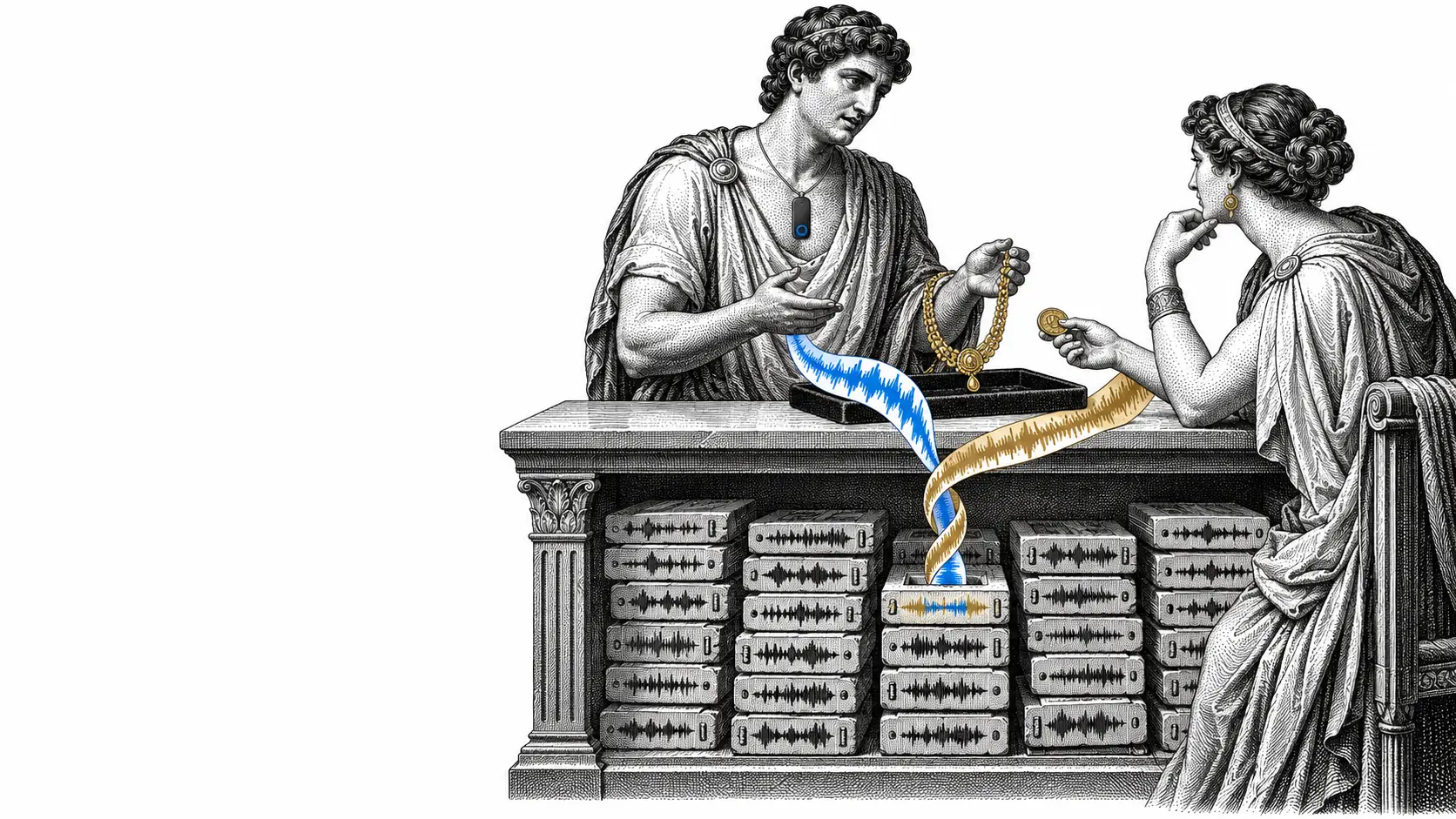 Neoclassical illustration of two figures at a stone counter, sound-wave ribbons descending into stacked waveform blocks.