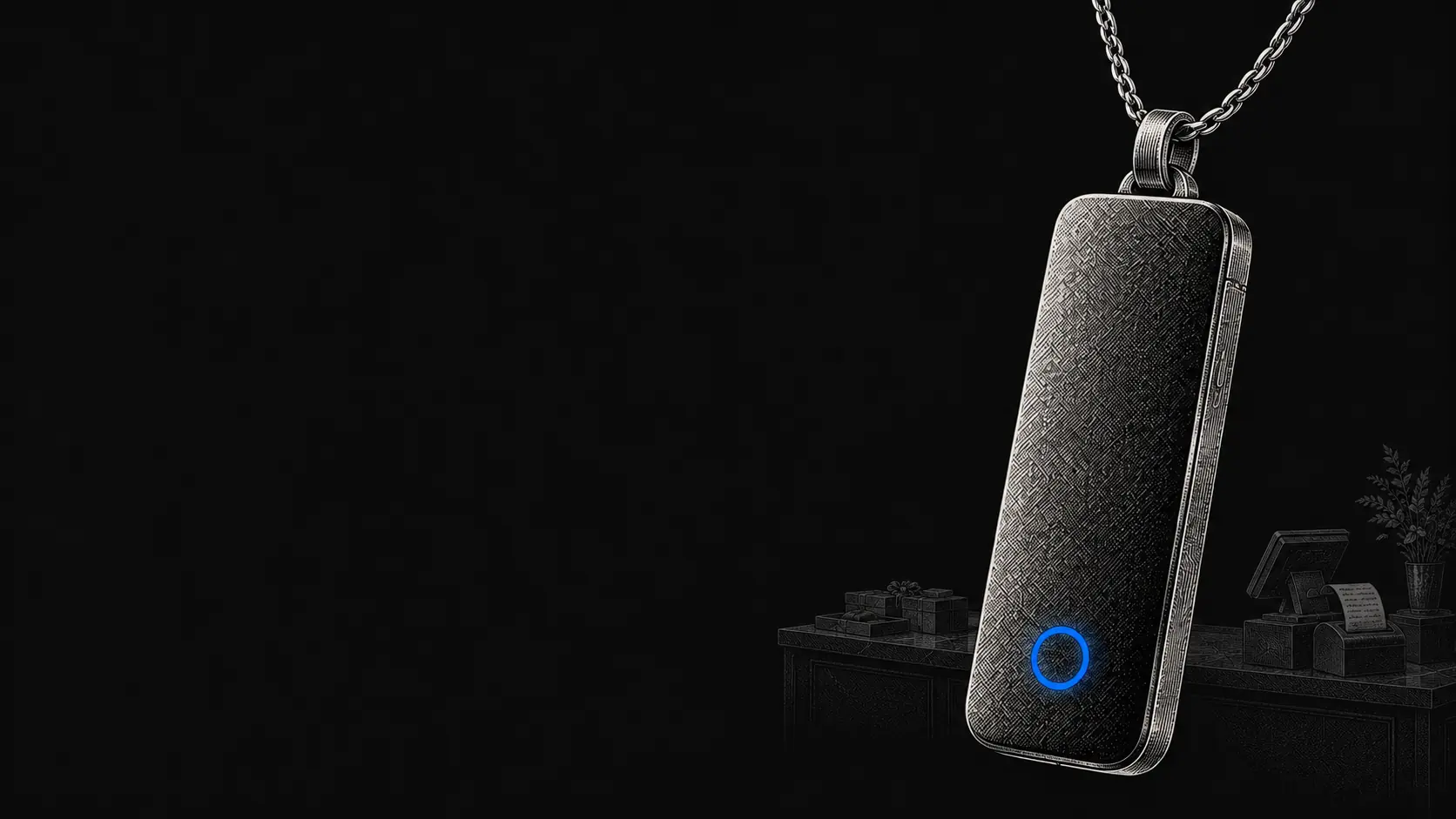 Dark engraving-style illustration of a floating tech pendant on a chain with a glowing blue indicator, suspended above an etched shop counter scene.