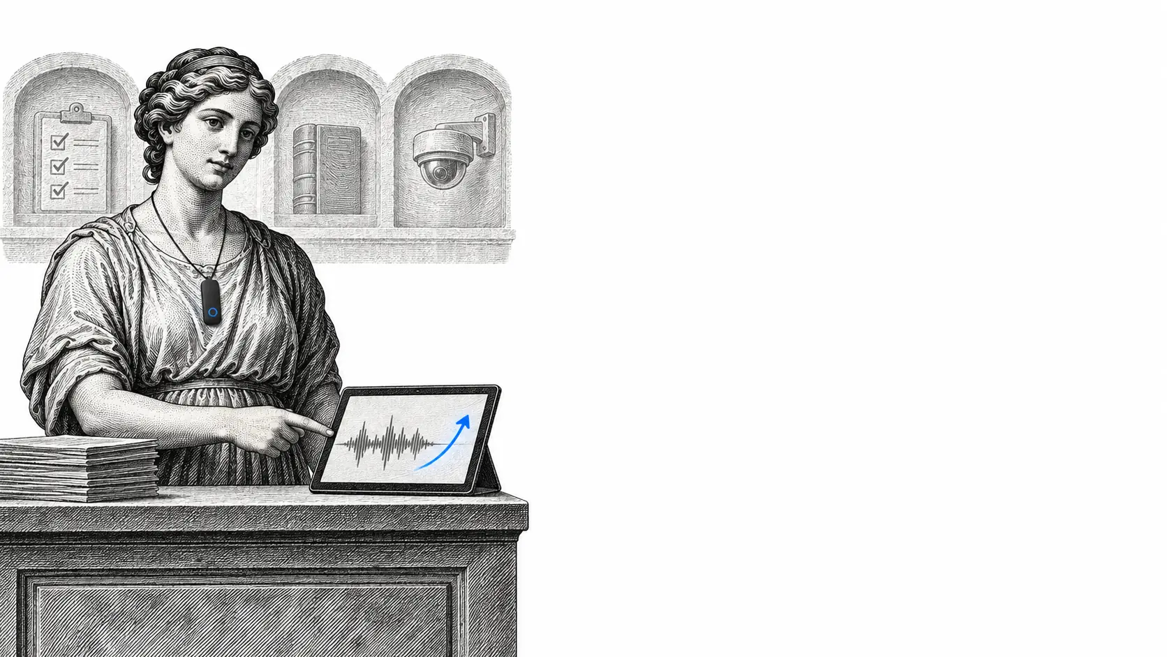 Neoclassical illustration of a woman behind a counter pointing to a tablet showing an audio waveform with an upward blue arrow, arched niches behind hold a clipboard, books and a security camera.