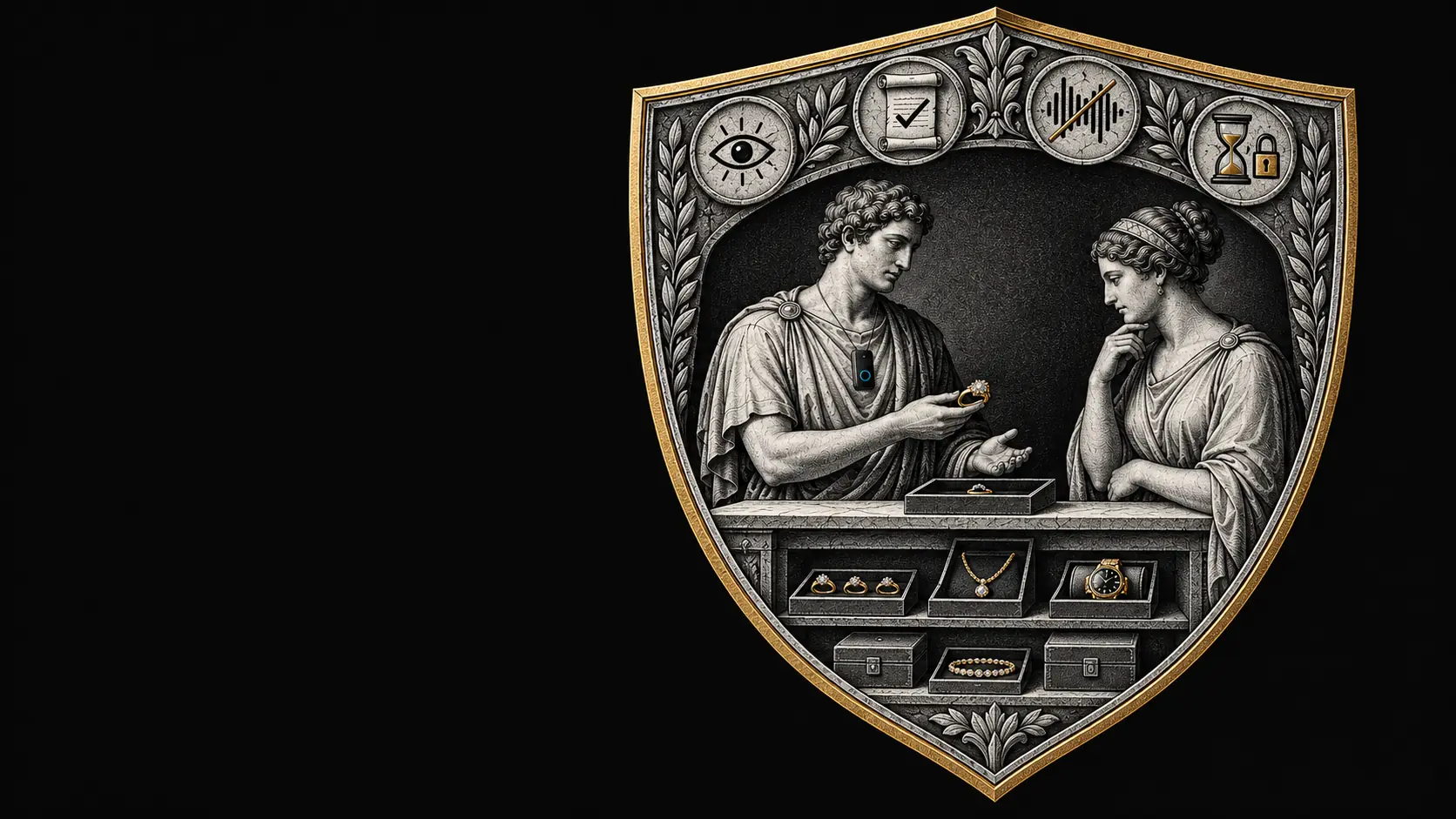 Neoclassical illustration of a man and woman at a stone counter inside a shield frame, with consent medallions and a protected-counter motif.