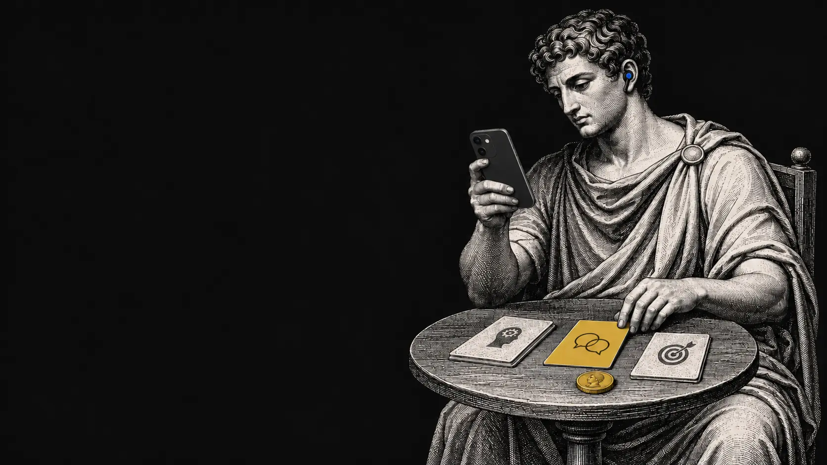 Neoclassical illustration of a robed figure seated at a round table, reviewing a coaching prompt on a smartphone with a blue earbud.