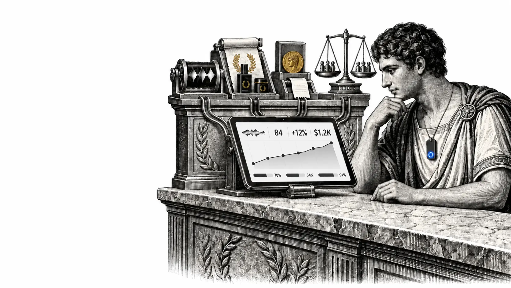 Neoclassical illustration of a robed figure studying a coaching dashboard on a docked tablet at a stone counter.