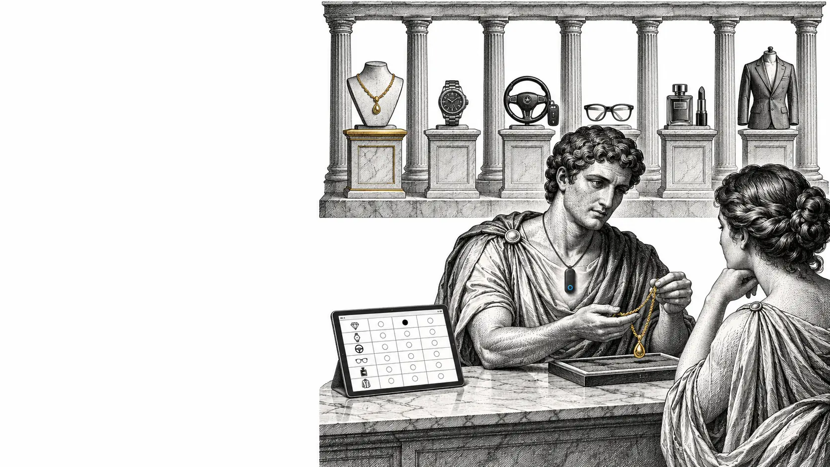 Neoclassical illustration of a consultative sale across luxury verticals: jewelry, watches, automotive, eyewear, prestige beauty and premium fashion.