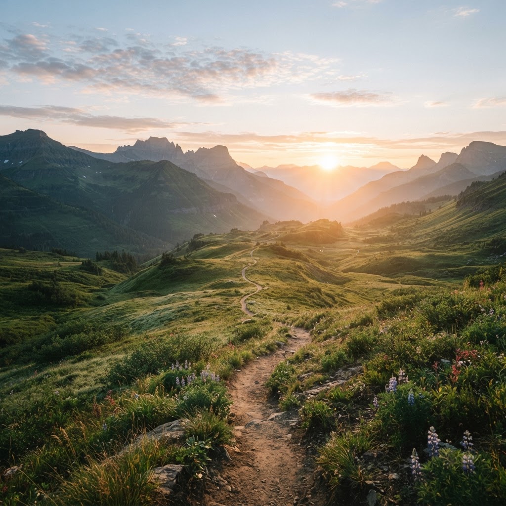 A mountain trail at sunrise leading toward a bright horizon