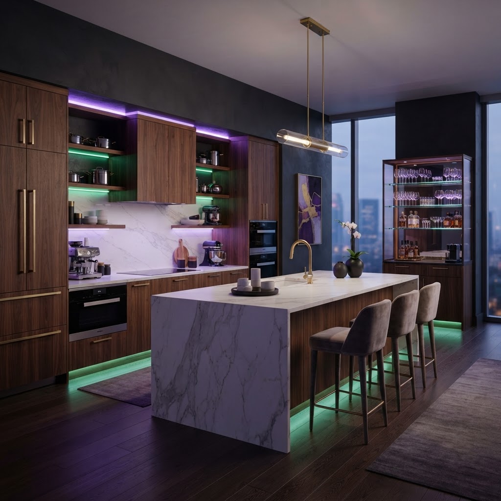 Modern luxury kitchen with warm wood cabinetry and ambient lighting