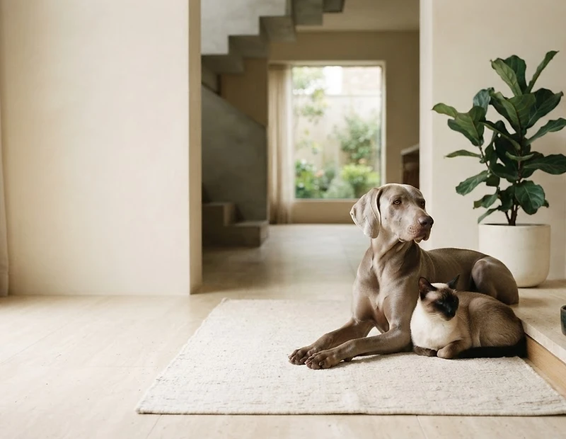 Perro y gato en un espacio arquitectónico luminoso