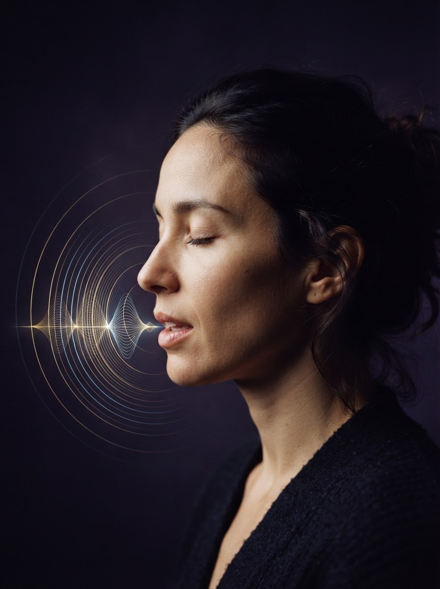Side profile of a person speaking, with fine waveform lines emanating outward from the mouth