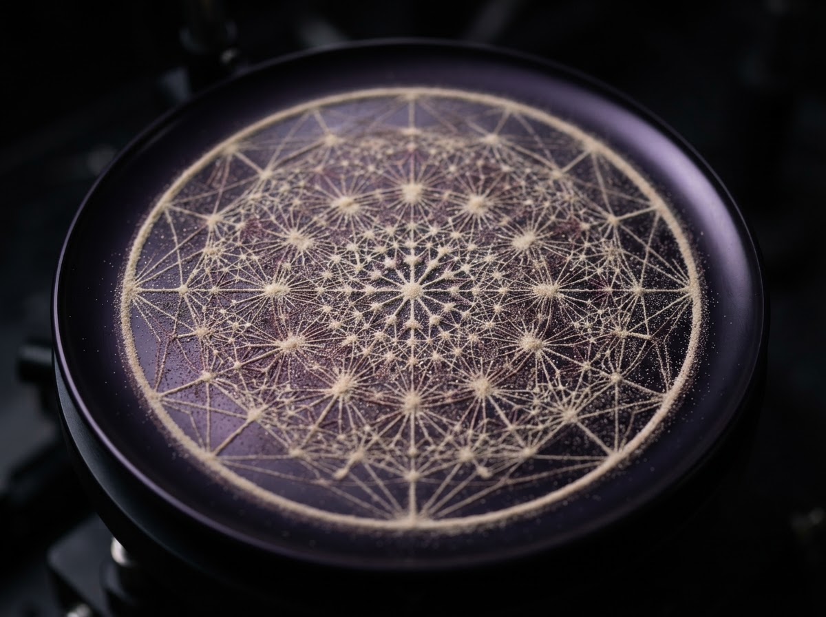 Cymatics pattern showing sand forming geometric shapes on a vibrating plate, representing sound visualization